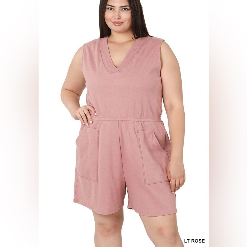 ZENANA PLUS COTTON SLEEVELESS ROMPER WITH POCKETS
